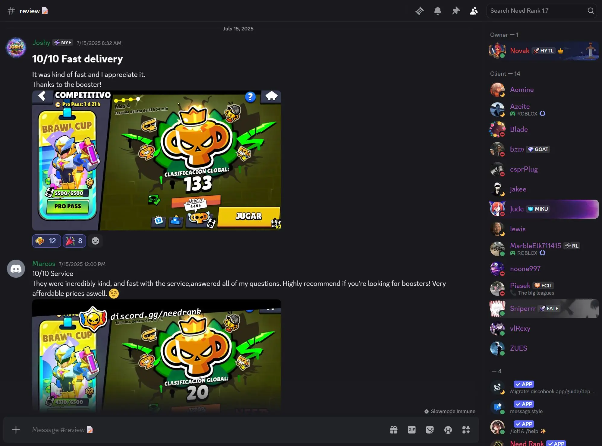 Voluntary user reviews from NeedRank Discord clients
